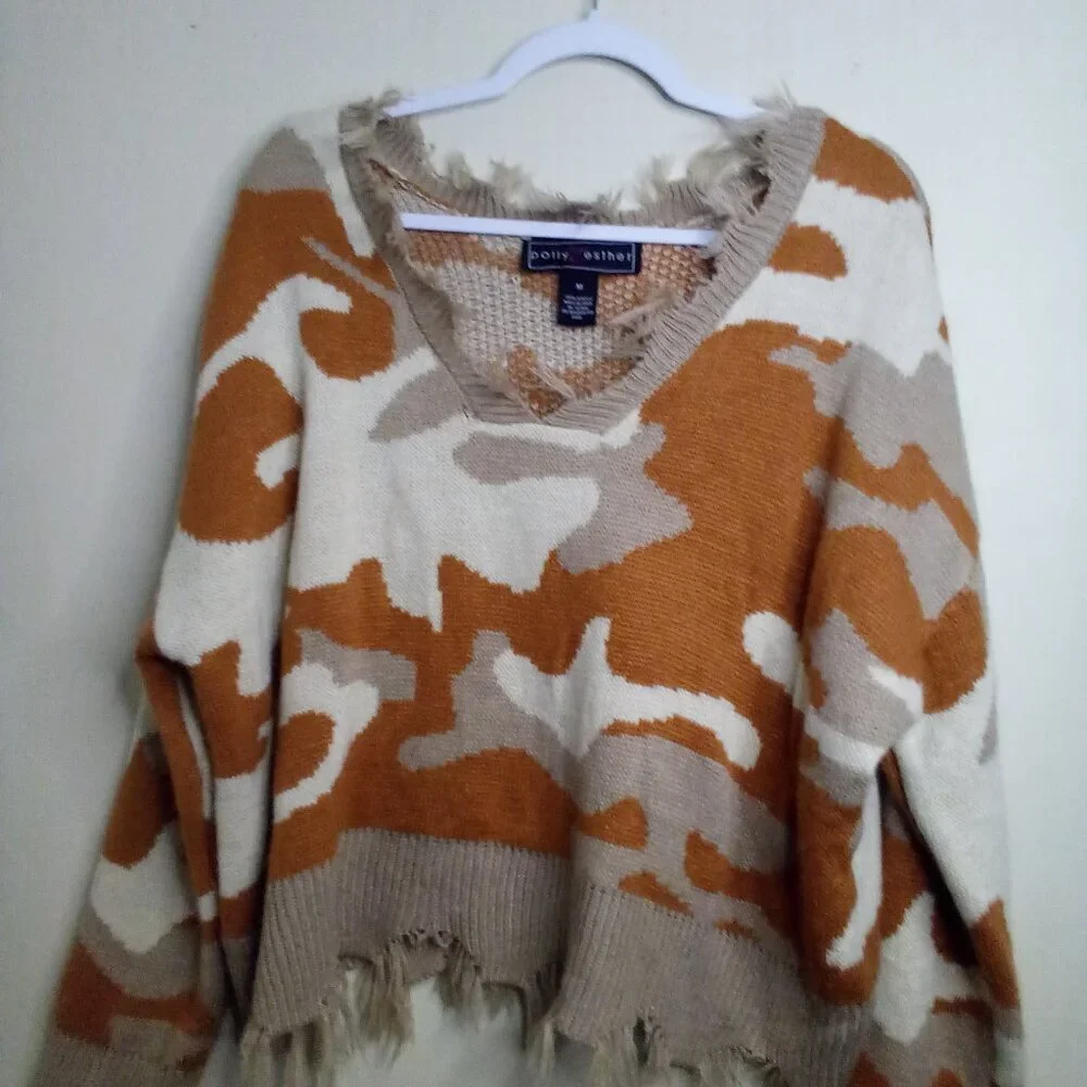 Polly & Esther Sweater Women M Long Sleeve Distressed Fringe Orange Tan